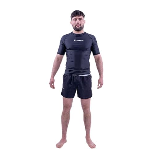 Progress Jiu Jitsu Academy Short Sleeve Sleeve Rashguard | Comfortable and Durable BJJ Rash Guard | Flexible Rash Guard for Grappling | Moisture-Wicking Compression Tops for Men and Women | Black - XL