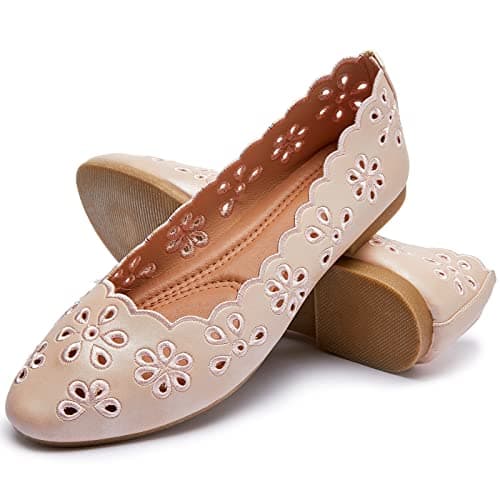 FRACORA Womens Ballet Flats Black PU Leather Dress Shoes Comfortable Round Toe Slip on Flats with Breathable EyeletsPinkUS9