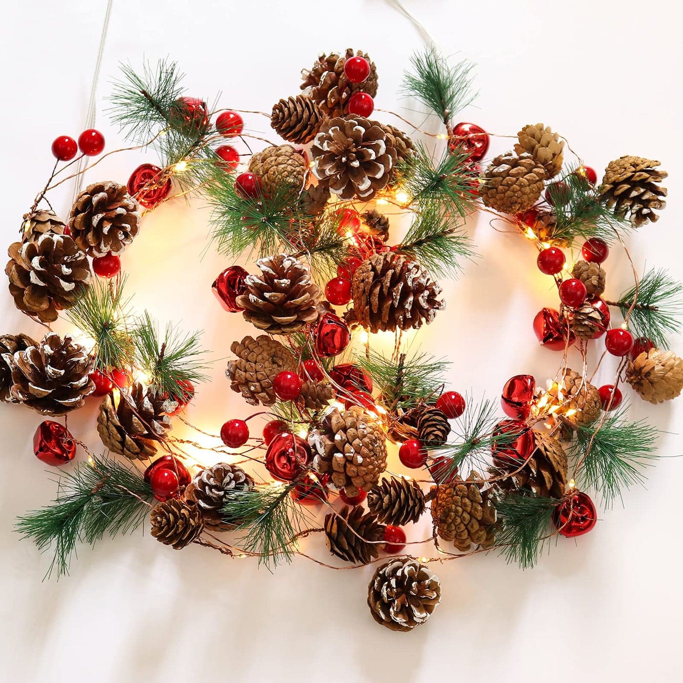 RECUTMS Christmas Garland Decoration with Lights2PCS 7FT 20LED Pine Cone Red Berry Bell Battery Operated Christma String Light Lighted Up Pinecone Vine Indoor Xmas Tree New Year Holiday Party Decor