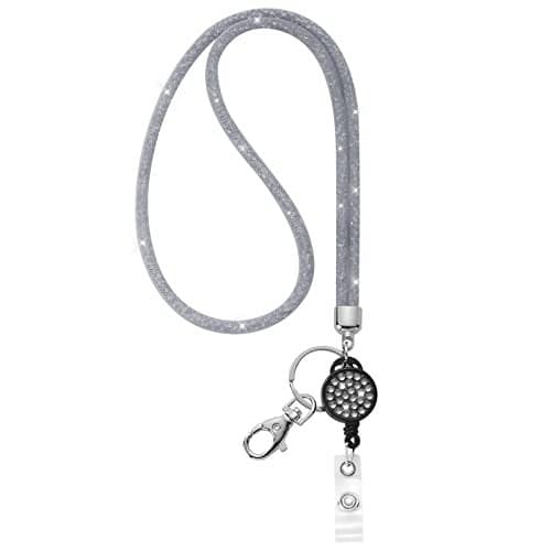 SAVORI ID Card Lanyard, 32.9" Breakaway Safety Clasp Rhinestone Lanyards Crystal ID Card Holder (Grey, Retractable Badge)