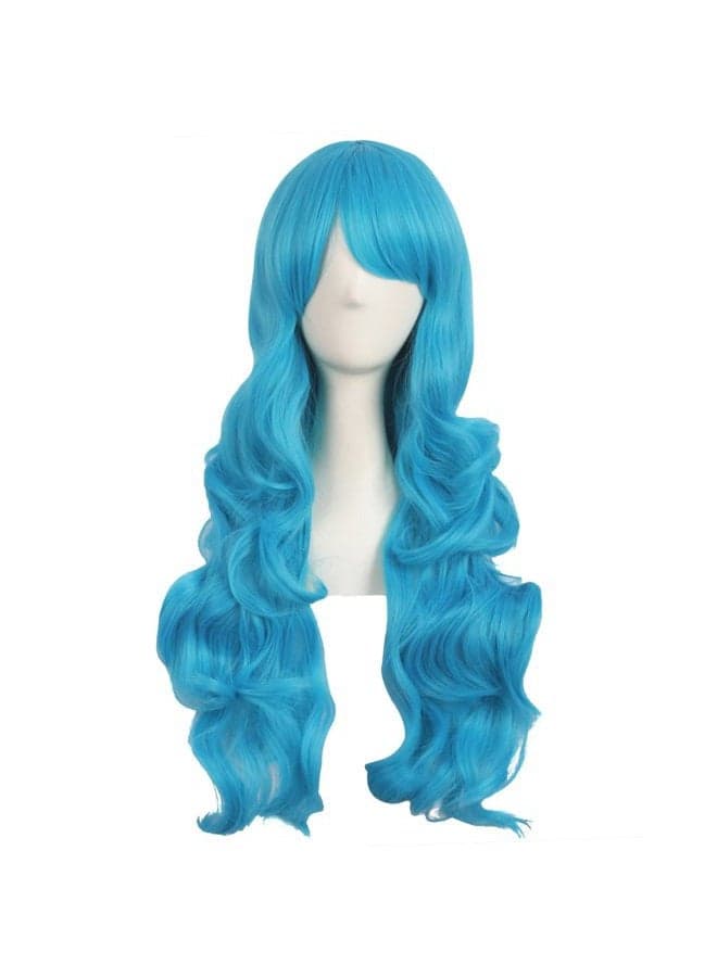 28 Inch/70cm Charming Women Side Bangs Long Curly Full Hair Synthetic Wig (Cyan Blue)