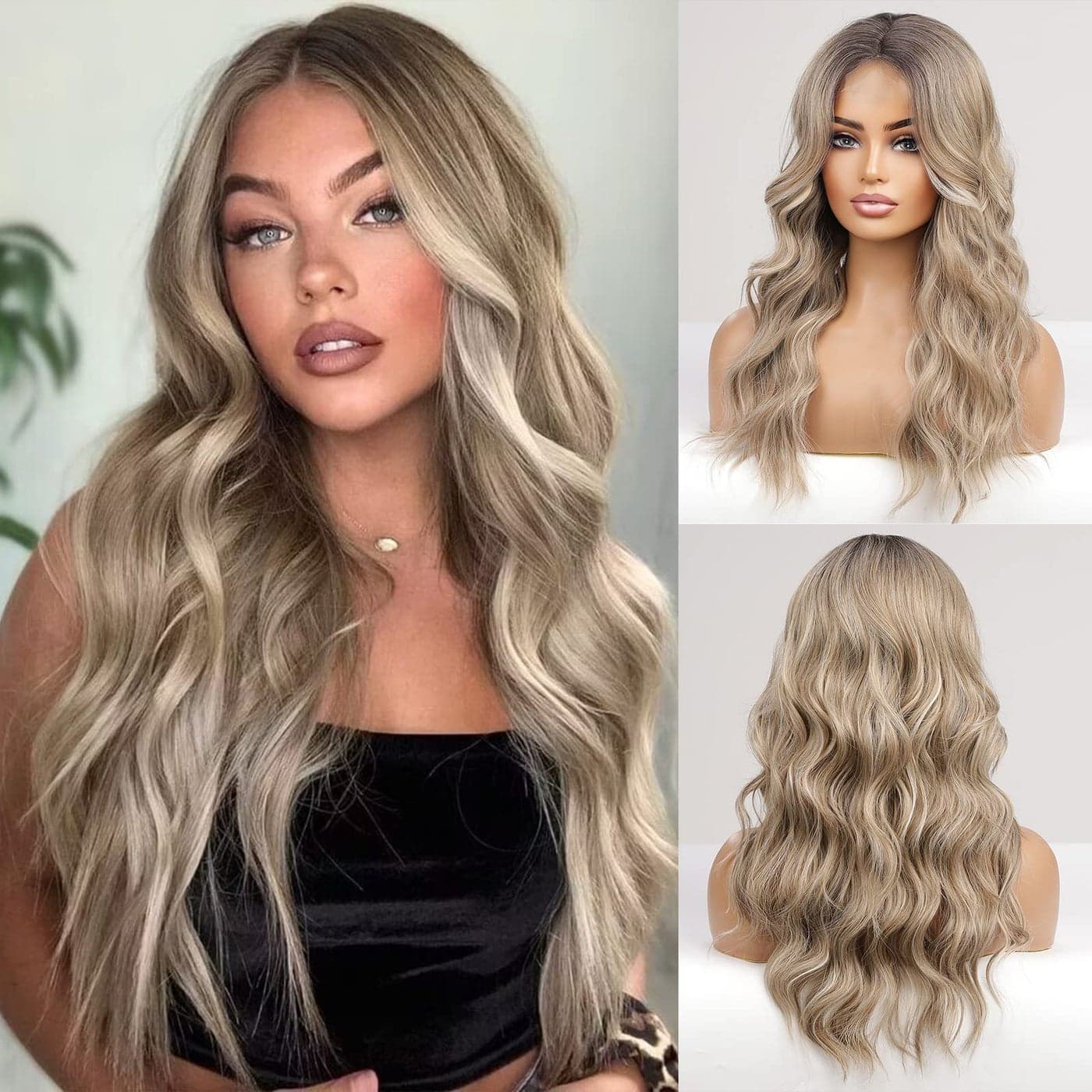 HAIRCUBE Long Ombre Ash Blonde with Highlight Lace Front Wigs for WomenLace Wigs Natural Wavy Middle Parting Synthetic Wigs