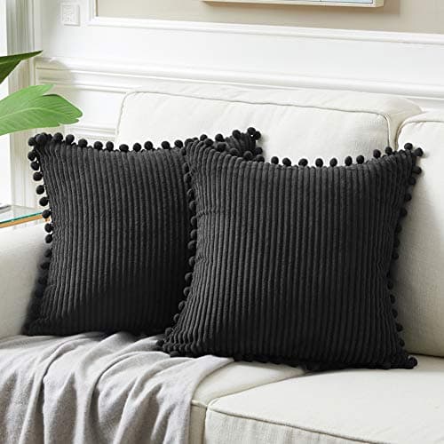 Fancy Homi Pack of 2 Black 20x20 Inch Decorative Throw Pillow Covers with Pom-poms, Soft Corduroy Solid Square Cushion Cases Set for Couch Living Room Bedroom Sofa Car 50 x 50 cm