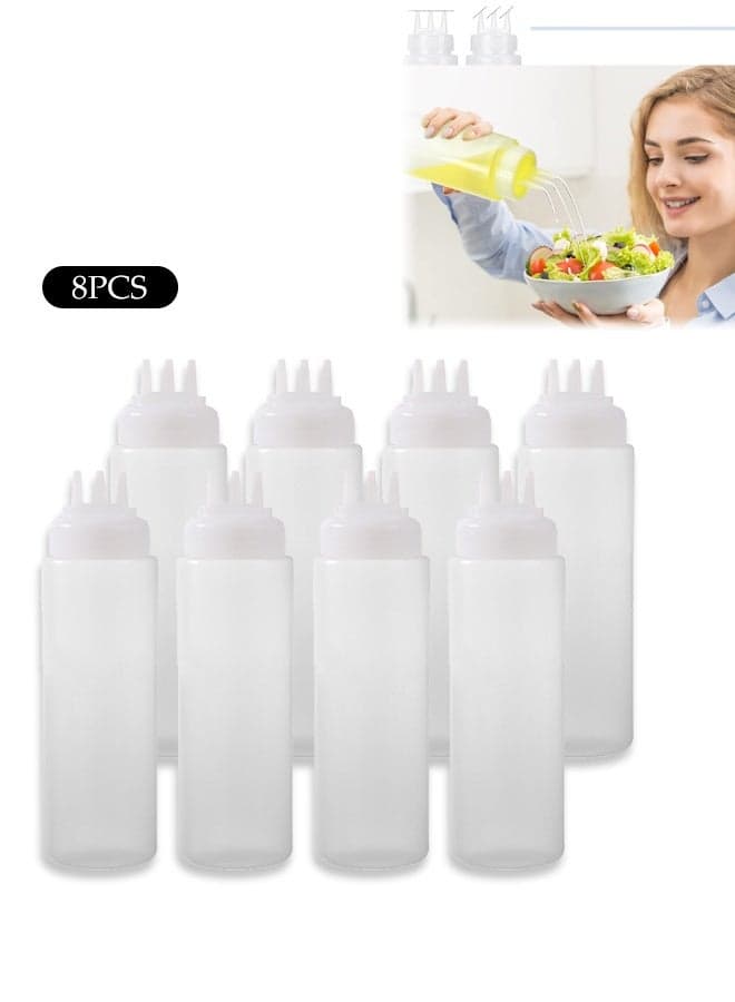 8 Pack 3 Hole Condiment Squeeze Bottles, Clear Plastic Squeeze Bottles,Salad Dressing Container,Leak Proof and Dustproof, Reusable,for Mustard Olive Oil Jam Ketchup Salad Dressing,500ML