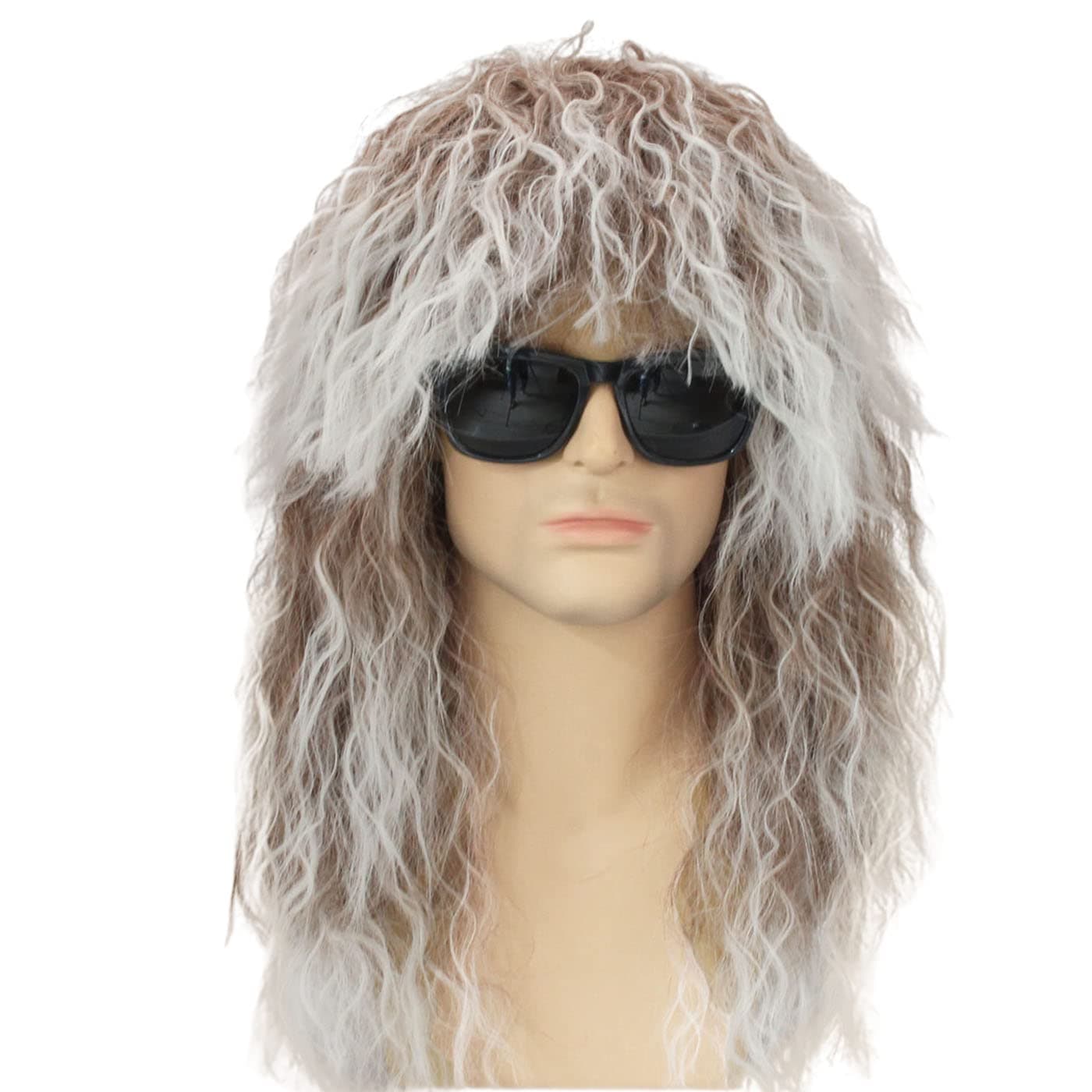 FALAMKA Long Curly Wig Mullet Wigs Cosplay 80s Wig for Men Rocker Male Wig Halloween Costume