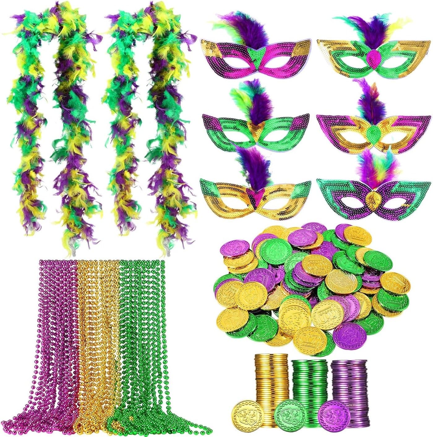Civaner 138 Pieces Mardi Gras Party Supplies Including 6 Assorted Mardi Gras Masks 2 Yards Masquerade Feather Boa 30 Metallic Beads Necklaces 100 Green Purple Gold Plastic Coins for Carnival Decor