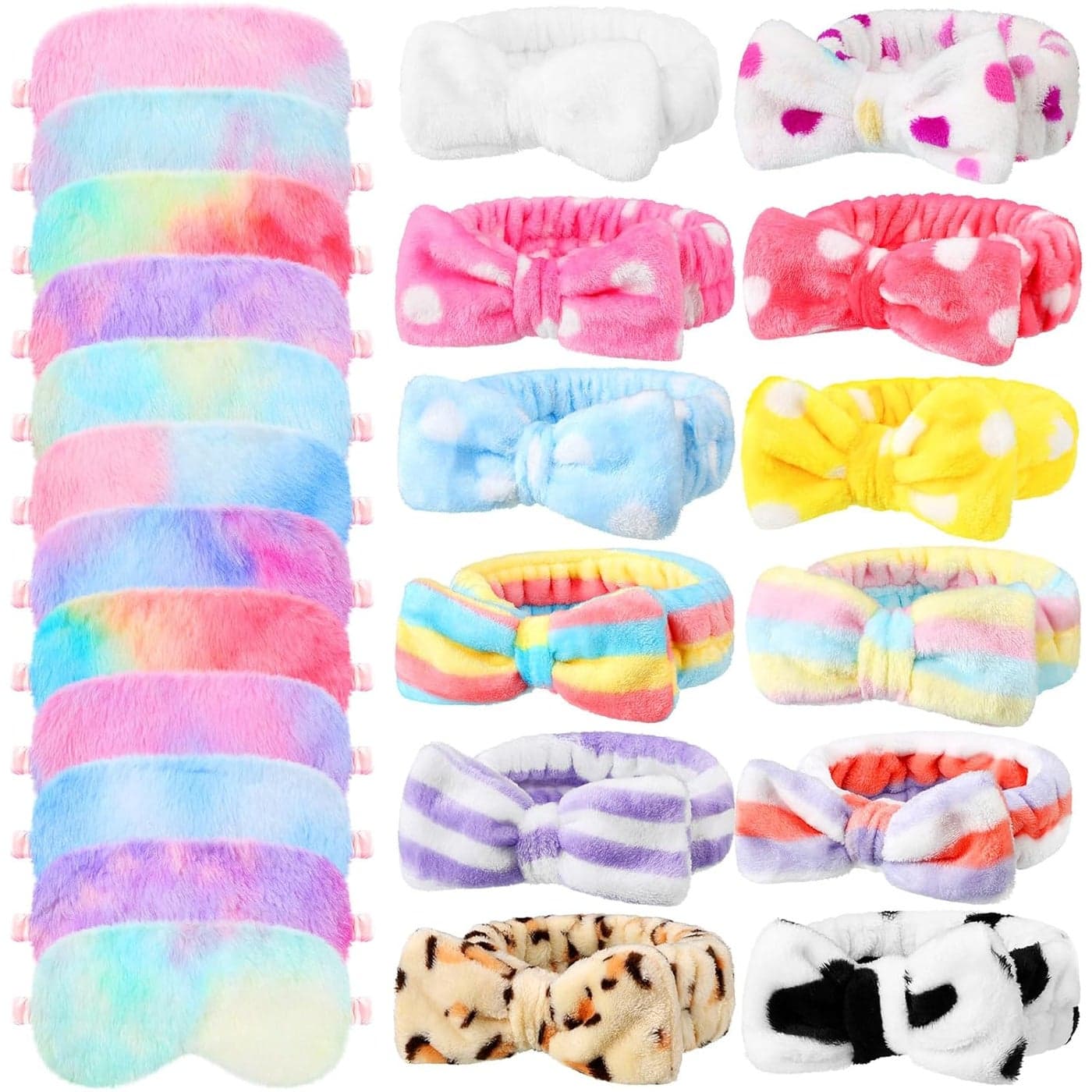 Newcotte 24 Pcs Sleepover Party Supplies for Girls Includes 12 Pcs Plush Sleep Eye Mask and 12 Pcs Bow Hair Band Plush Bow Headbands Fur Face Wash Headband Faux Fur Mask for Women Lovely Style