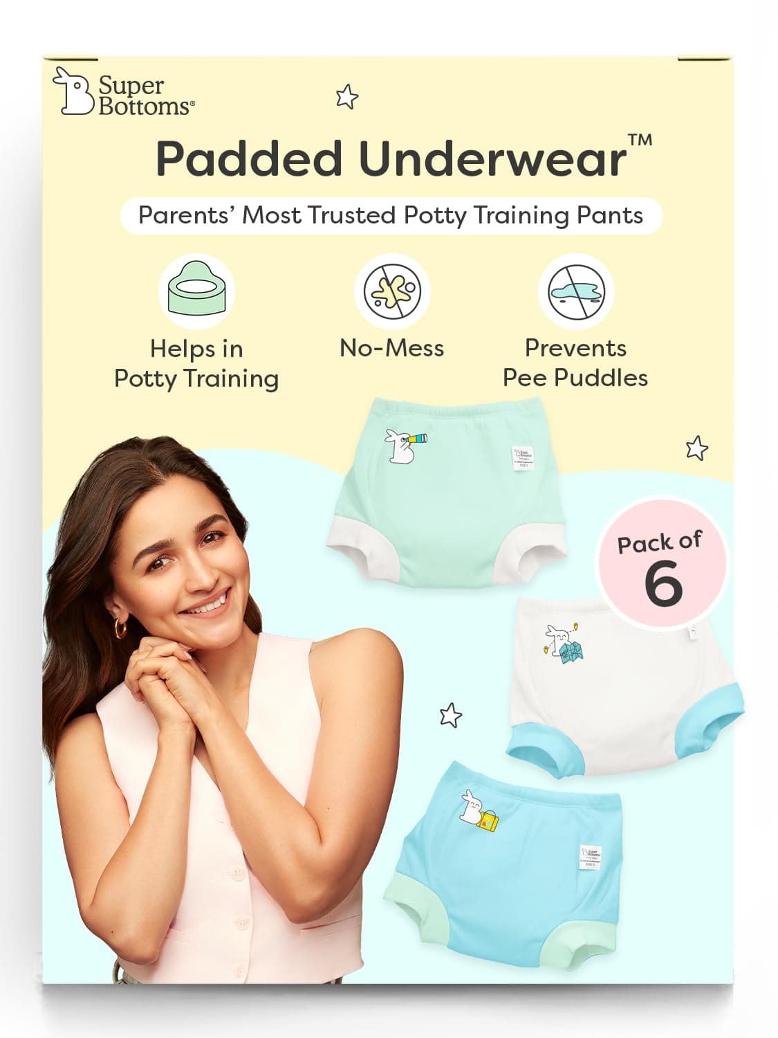 superbottoms Padded Underwear for Babies & Toddlers (3-4 Years), 3 Layers of Premium Cotton & DryFeel Layer, Ideal for Diaper-Free Time & Mess-Free Potty Training Pants, Pack of 6