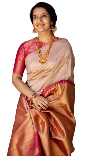 Flosive Ayn Women's Present Banarasi Soft Lichi Silk Saree Krishna Jacquard Rich Pallu Design Work Zari Woven Kanjivaram Silk Style Saree With Soft Lichi Silk Blouse Piece (Cream)