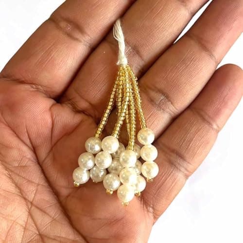 Adikala Pack of 10/20 (6 Latkans per Set) Golden Latkan with Cutdana Beads & Pearl Bunch Tassels for Saree, Blouse, Dupatta, Toran, Home Decoration, DIY Art & Crafts (10, Cream)
