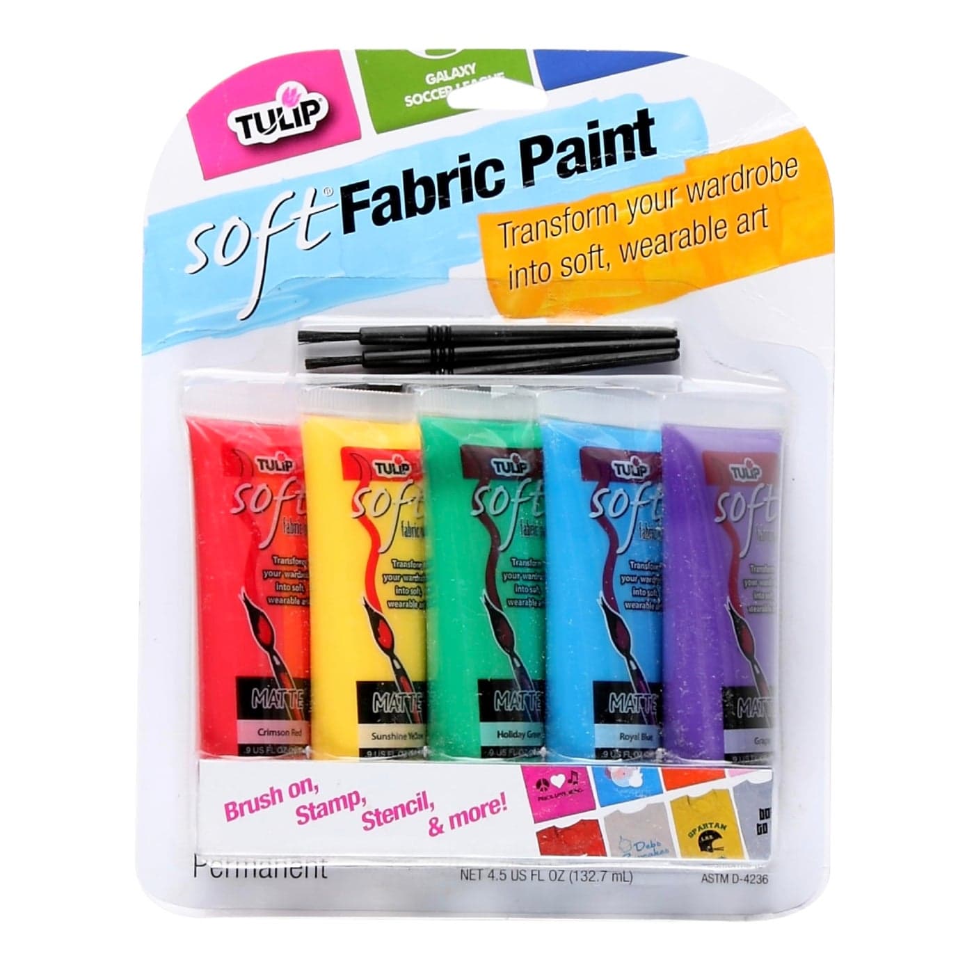 Tulip Soft Fabric Paint Permanent on Clothes Bold Primary Colors 8 Pieces 5 Paint Tubes 9 fl oz 45 fl oz 3 Brushes