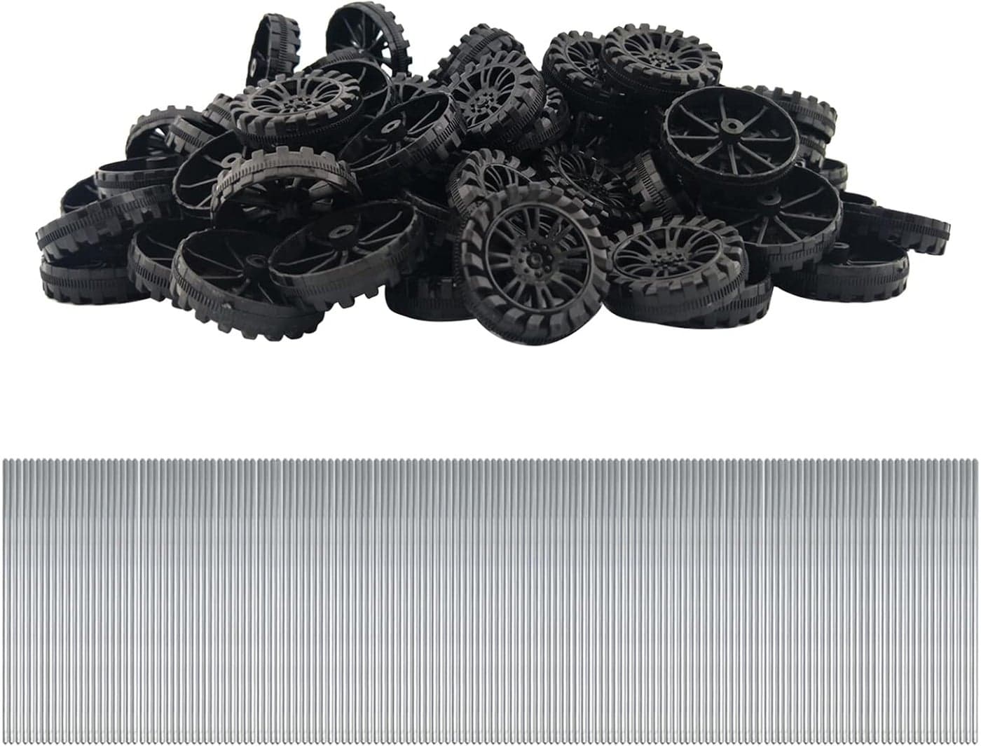 EUDAX 300 PCS 30mmx8mm Plastic Roll 2mm Dia Shaft Toys Wheel and 2mmx100mm STEM Shaft Round Rod Axles for DIY Toy RC Car Truck Boat Helicopter Model Part Building Projects Black