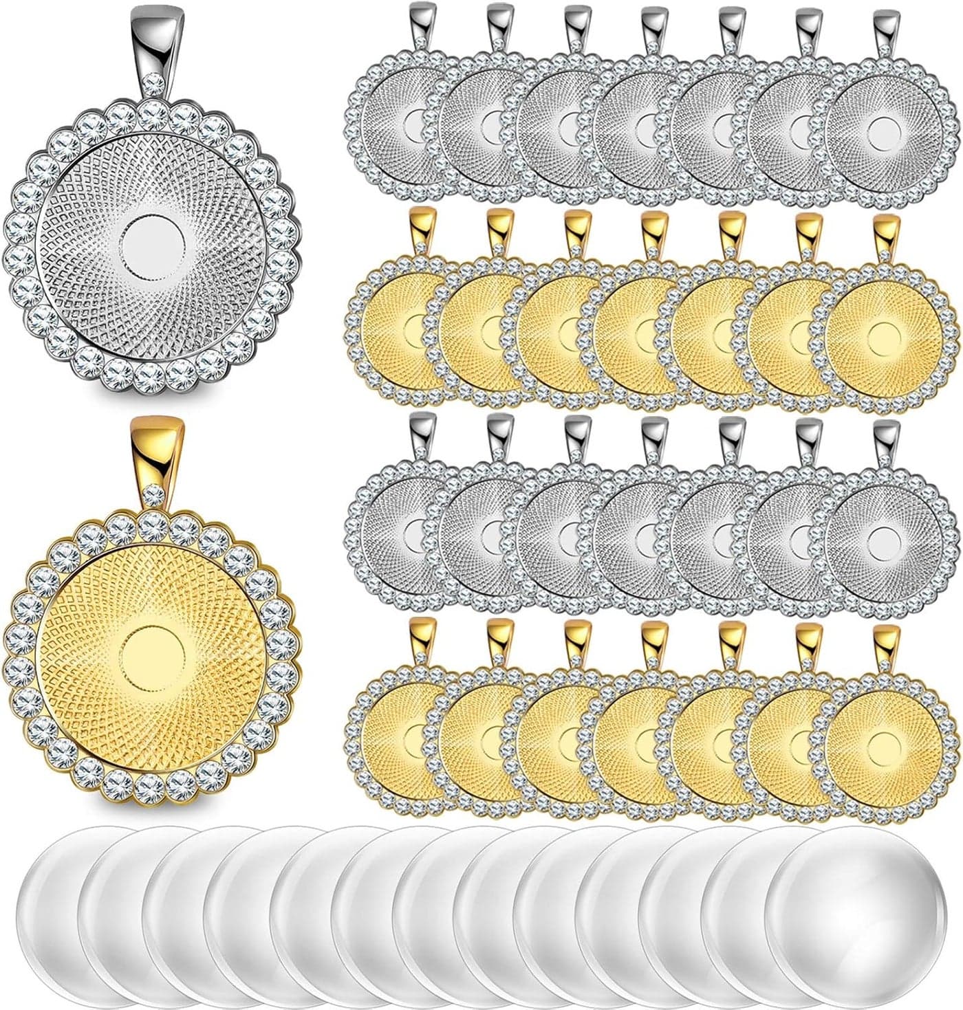 Hicarer 48 Rhinestone Bezel Pendant Trays 24 Pcs Gold Silver 25 mm Round Bezel Trays Blank Pendant Bases with 24 Transparent Glass Cabochons for Photo Making Crafts Graduation Wedding Jewelry Gifts