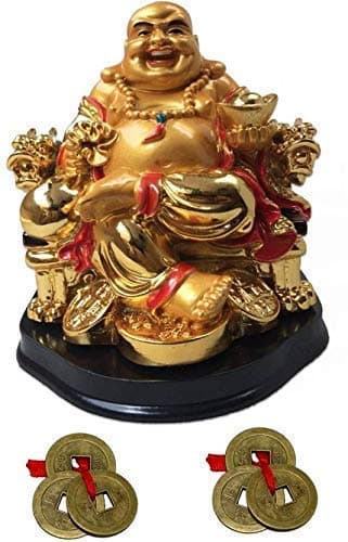 RIPE INDIA Fengshui Fantasy Laughing Buddha Sitting On Chair Ingot And Money Coin For Health Wealth And Happiness (Big Size 13 Cm) Golden