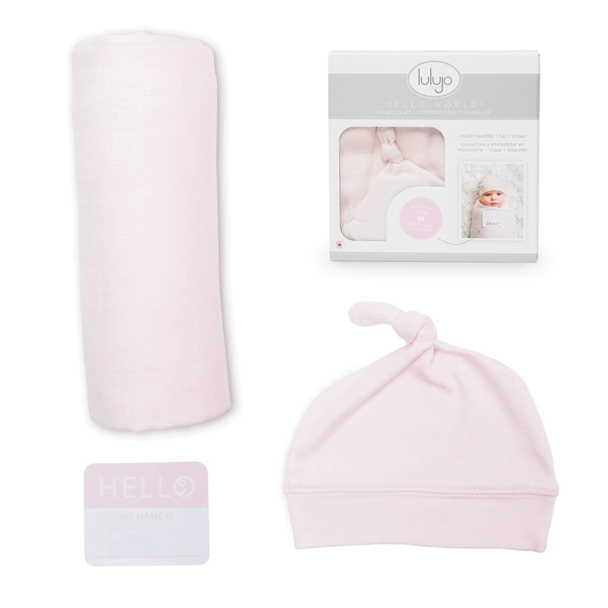 lulujo Birth Announcement Hat Swaddle Blanket Set Unisex Softest Bamboo Viscose Muslin Baby Swaddle Blanket Receiving Blanket 47in x 47in Pink