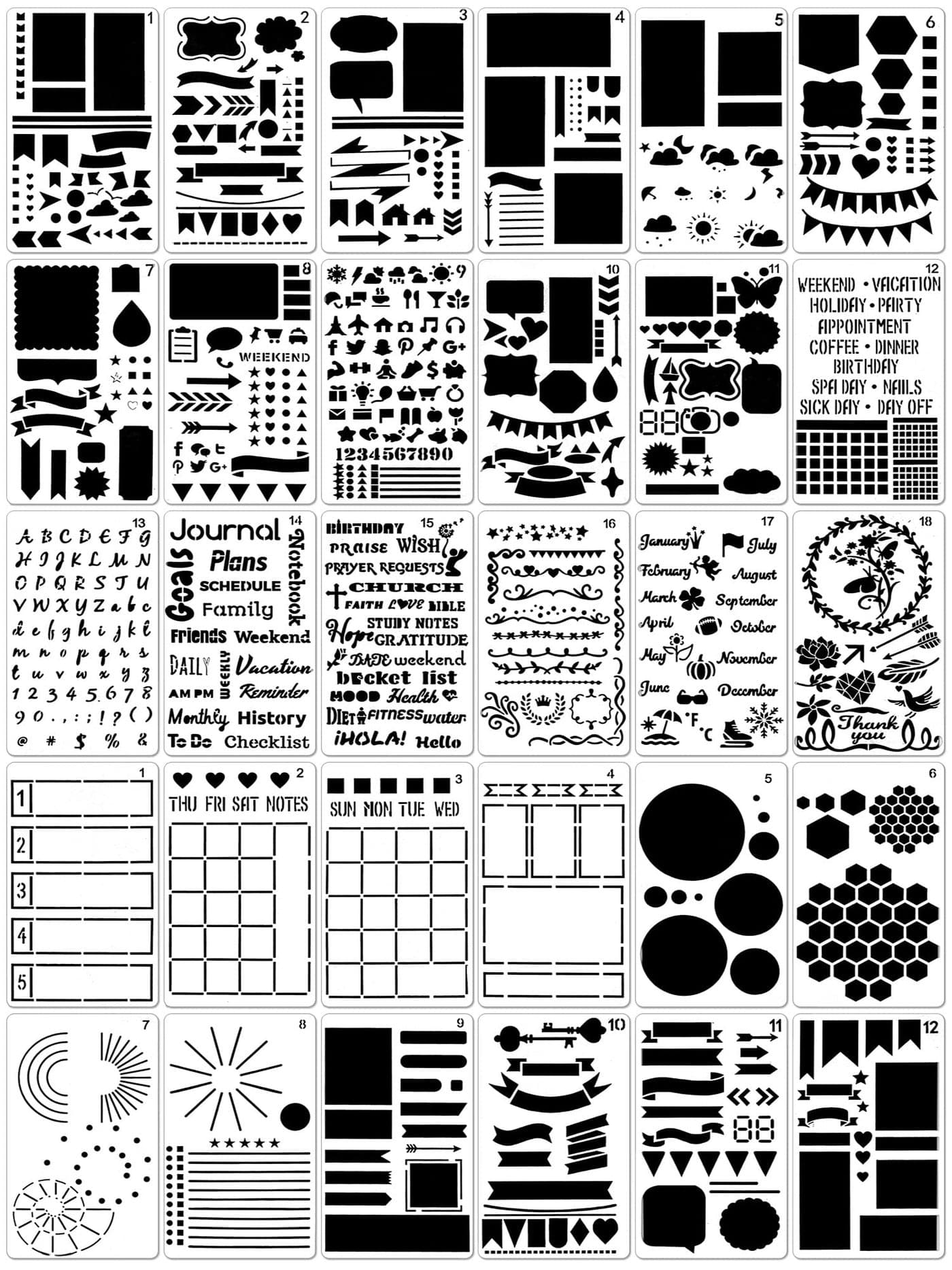 Tenare 30 Pcs Journal Stencils Supplies Planner Bullet Stencils Plastic Stencils DIY Drawing Templates Set for Journaling Notebook Scrapbook Cards Decorations, 4 x 7 Inch (Adorable Style)