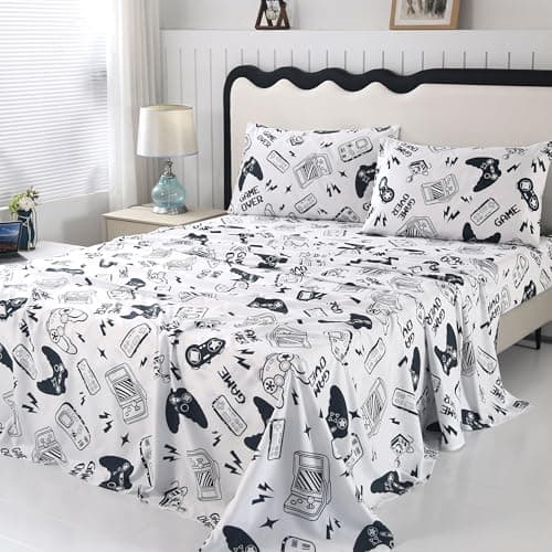 SDIII 4PCS Black and White Gamer Bedding Sheet Sets for Boys Girls Teens and Kids, Bed in a Bag Sheet Set Queen Size, Video Game Bed Sheet Set on Amazon, Queen