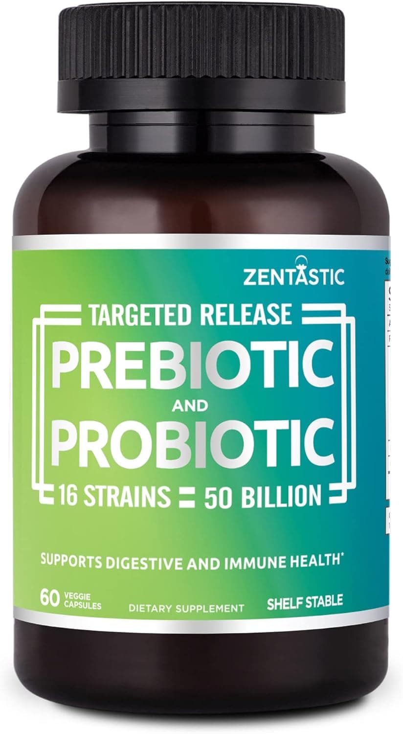 Zentastic Probiotics Prebiotics Supplement 50 Billion CFU for Men Womens Immune Digestive Health 16 Strains Shelf Stable 60 Delayed Release Veggie Capsules