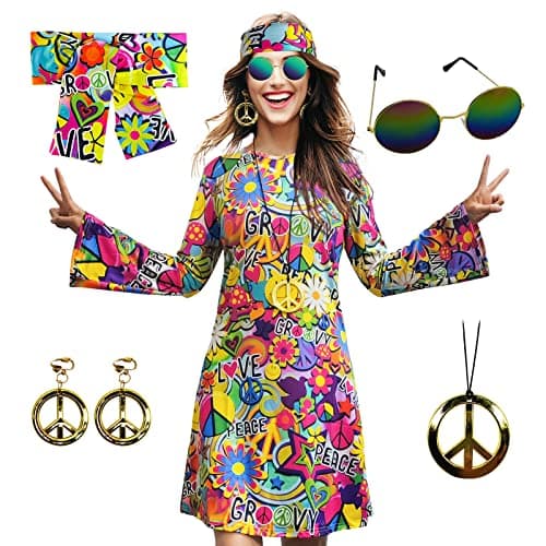 MRYUWB 70s Hippie Dress Costumes Necklace Earrings Sunglass Women Disco Outfit, 60s Party Costume, Halloween Retro Dresses (Love and Peace, M)