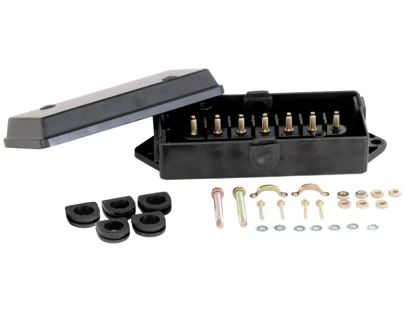 Buyers Products 5601100 Polypropylene Electrical Junction Box with 7 Terminals for Truck Trailer Wiring WeatherResistant Polymer Sealed Lid Includes Cover Grommets Strain Relief Hardware