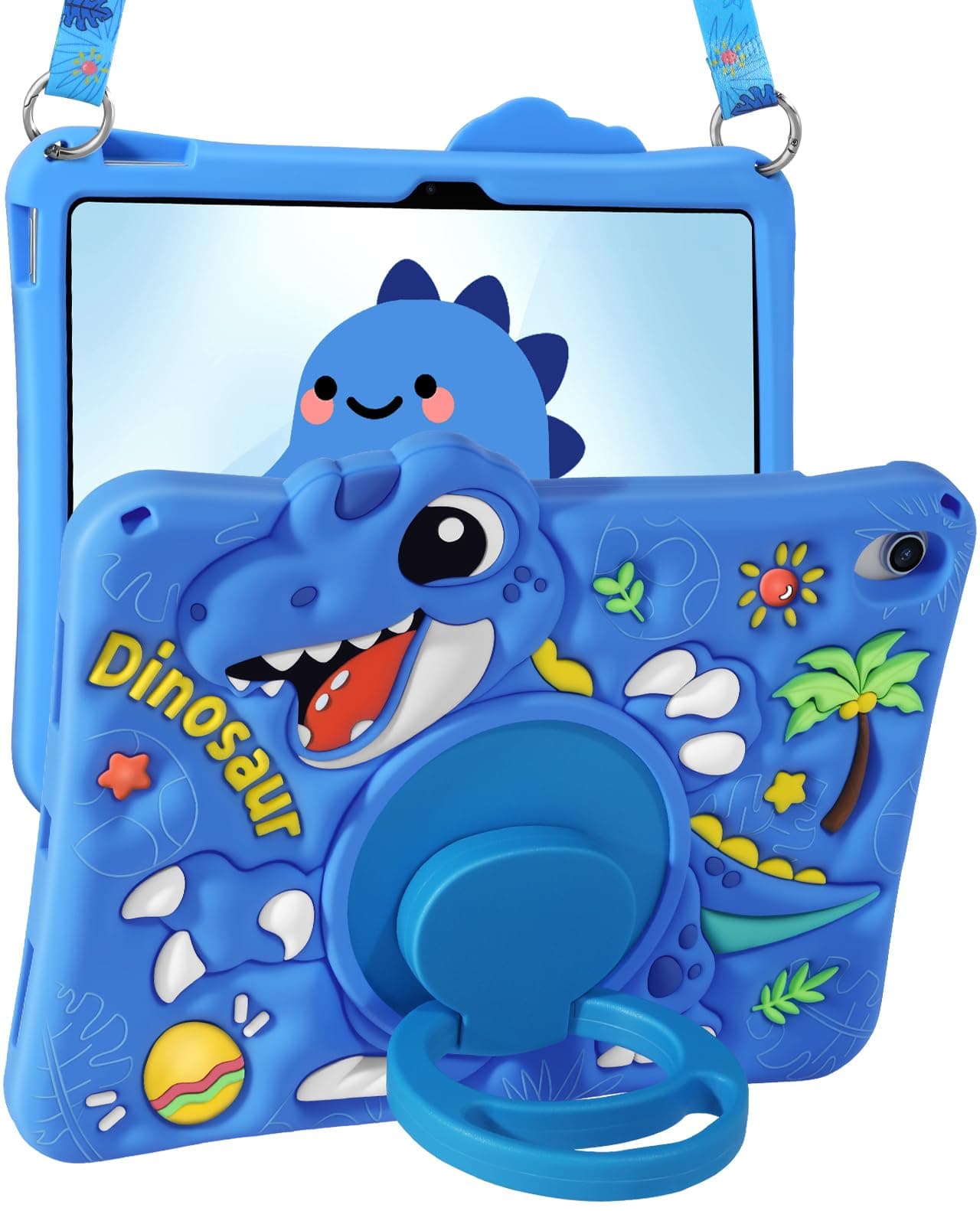 Boaretiu for iPad A16 Case 2025 11 inch/for iPad 10th Generation Case 2022 10.9” - Cute Cartoon Silicone Cover with Adjustable Shoulder Strap & Rotating Stand for Kids Boys Girls, Blue Dinosaur