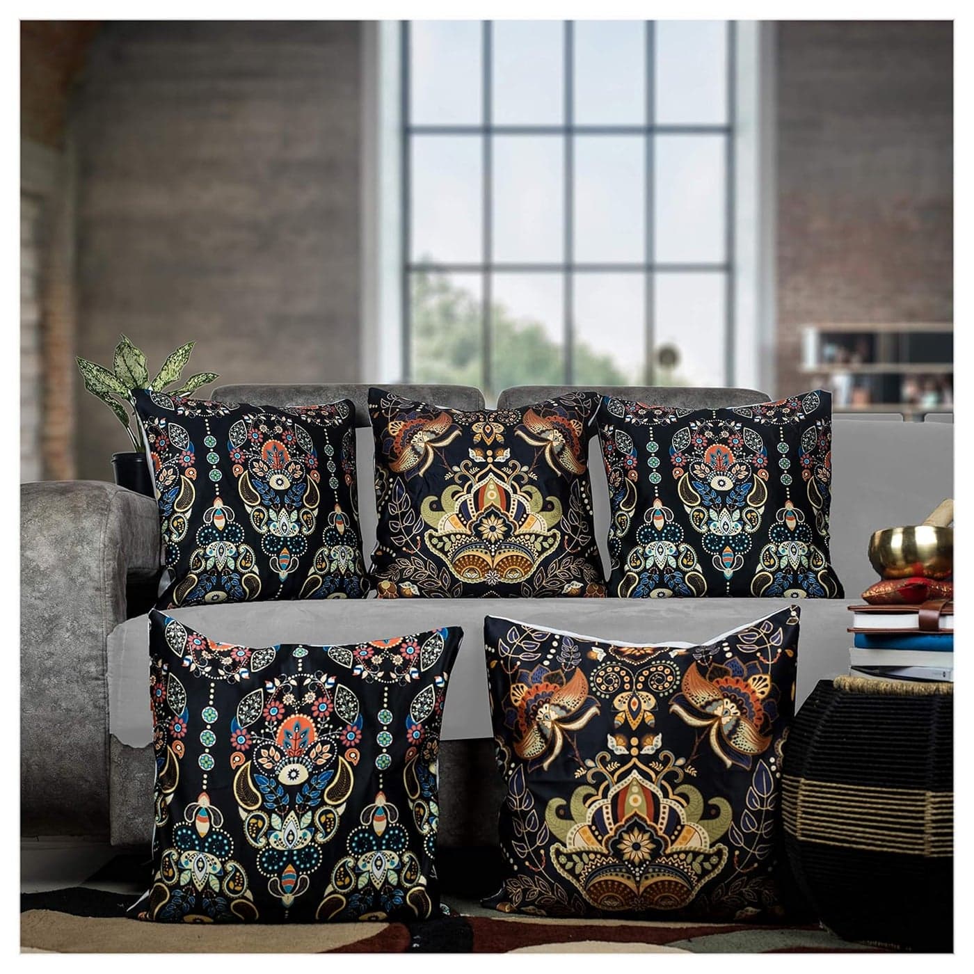 Vendola Multicolor Microfiber Satin 250TC Cushion Pillow Covers Multicolor Set of 5Mughal20x20 Inches