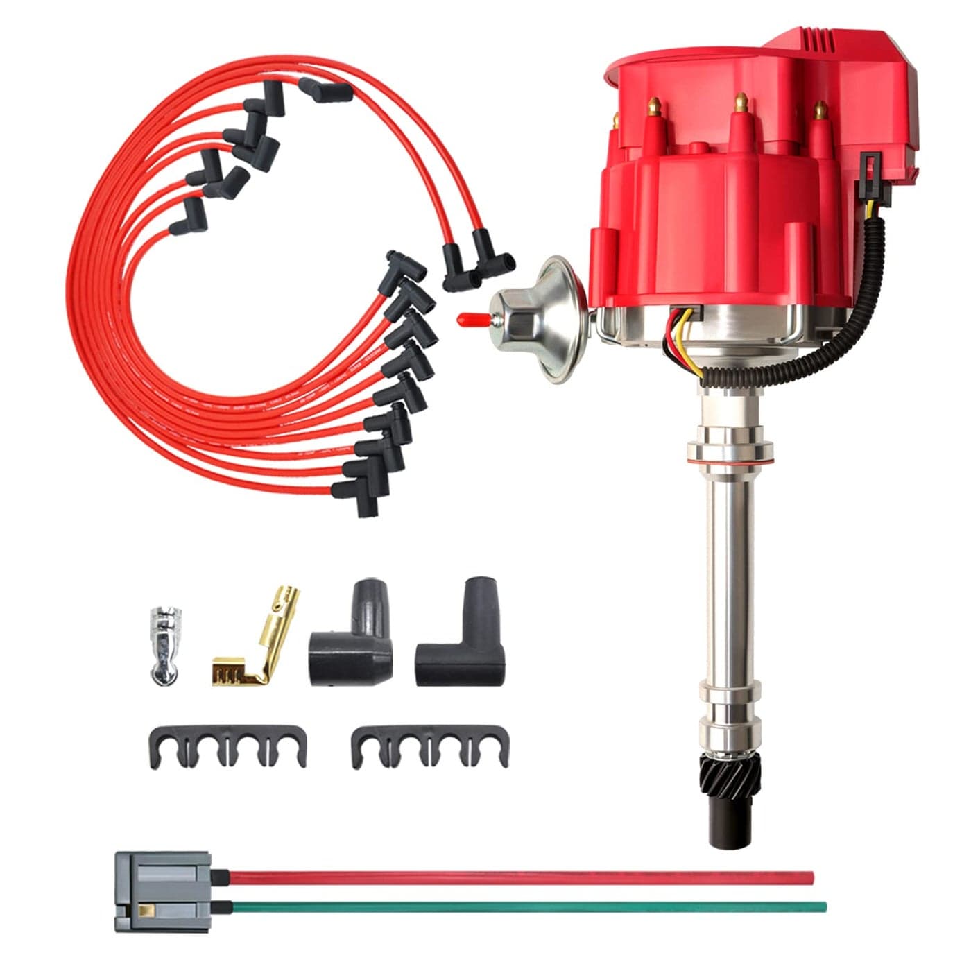MAS Racing HEI DistributorSpark Plug Wires Free Pigtail Wire Harness Combo Kit Red Cap Replacement for Chevy 283 302 307 327 350 396 400 402 427 454 gm SBC BBC 65k Coil 7500RPM Chevrolet C10 GMC V8