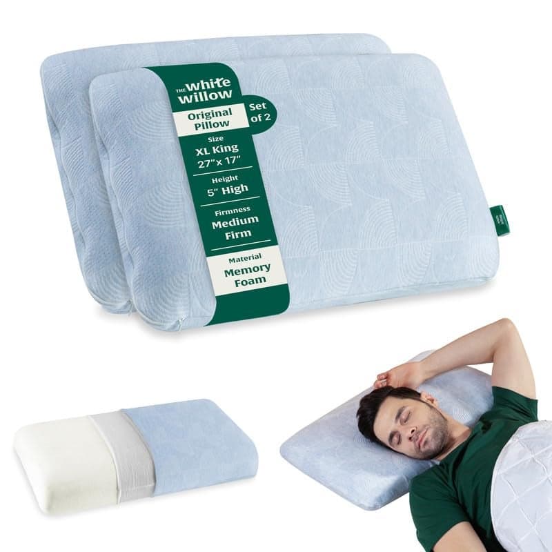 The White Willow Pillow Set of 2 Orthopedic Memory Foam Extra Large King Big Size Neck & Back Support Sleeping Bed Pillow with Removable Cover (27" L x 17" W x 5" H Inches)- Blue