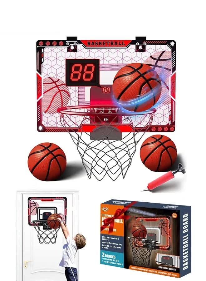 Indoor Basketball Hoop for Kids with LED Lights & Audio Scoreboard, Over The Door Mini Hoop Goal Set Includes 3 Balls, Fun Sports Toy Gift for Boys & Girls