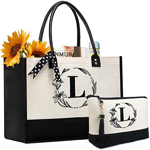 BeeGreen Christmas Gifts Birthday Teacher Appreciation Gift for Mom Women Friends Mother Initial Canvas Tote Bags Personalized Embroidery Monogram Bags with Leather Handle L