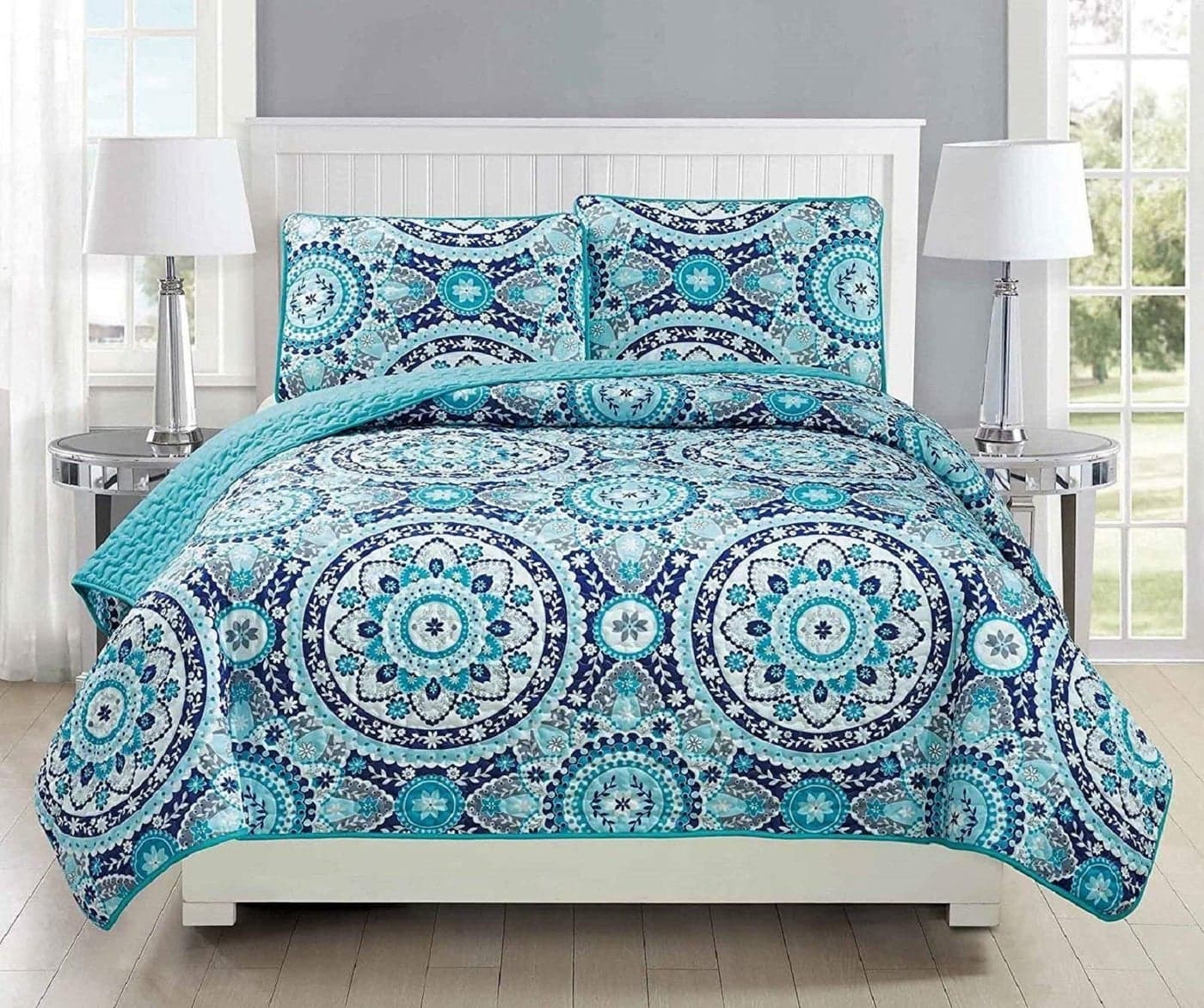 Linen Plus KingCalifornia King 3pc Quilted Bedspread Set Oversized Coverlet Floral Turquoise Navy Blue Teal Grey White New
