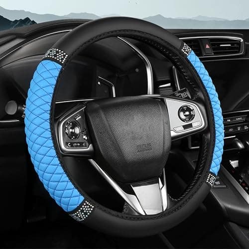 Tioollev Bling Car Steering Wheel Cover 15 Inch Rhinestones Soft Leather Elastic Steering Wheel Protector Sparkly Crystal Diamond for Women Girls Car Interior Accessories for Most Cars Blue