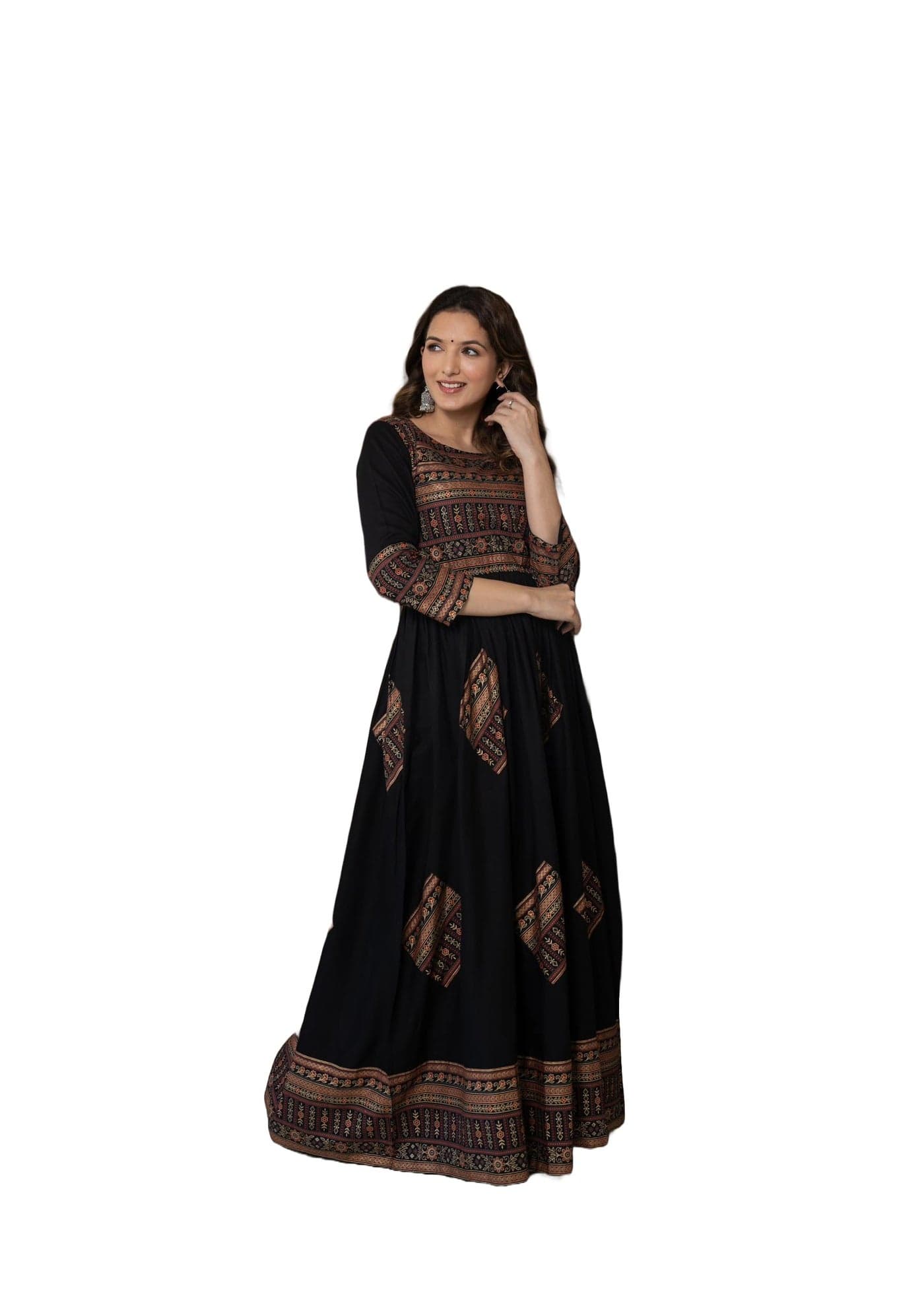 Daevish New Gold Printed 3/4 Sleeves Flared Maxi Length Dress for Women & Girl's | Maxi Dress for Women | Women Flared Dress