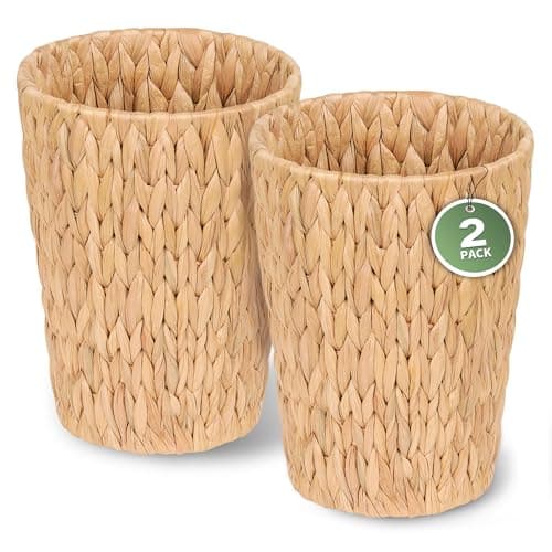 iEGrow 2 Pack Wicker Trash Can Small Bathroom Trash Can 2 Gallon Woven Natural Water Hyacinth Waste Basket for Bedroom Boho Garbage Can for Decor Home Kitchen Living Room Office Round