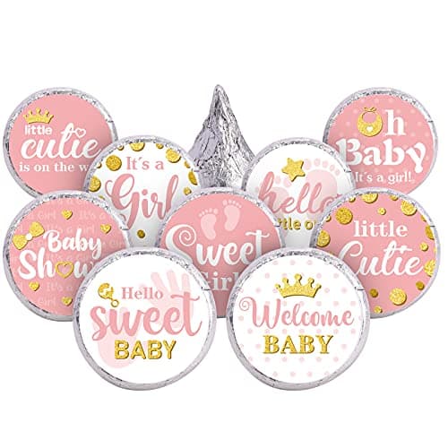 Clabby 504 Pieces Boy Girl Baby Shower Favors Stickers Mini Kisses Candy Stickers Chocolate Drop Labels Wrappers Little Cutie Baby Shower Decoration for Sprinkle Birthday PartyPink Girl Style