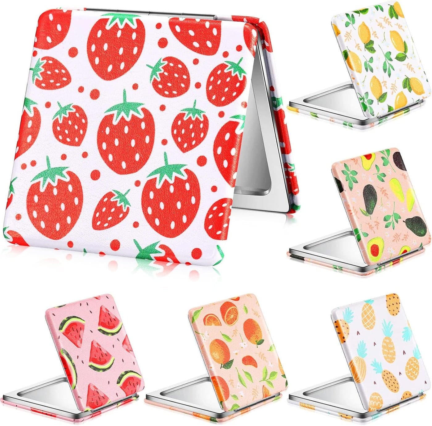 Vicenpal Compact Mirrors Small Pocket Fruit Design Mini Magnifying Portable Makeup Compact Pu Leather Double Sided Pocket Mirror for Women Girls Mother Kids Gift(6 Pcs)