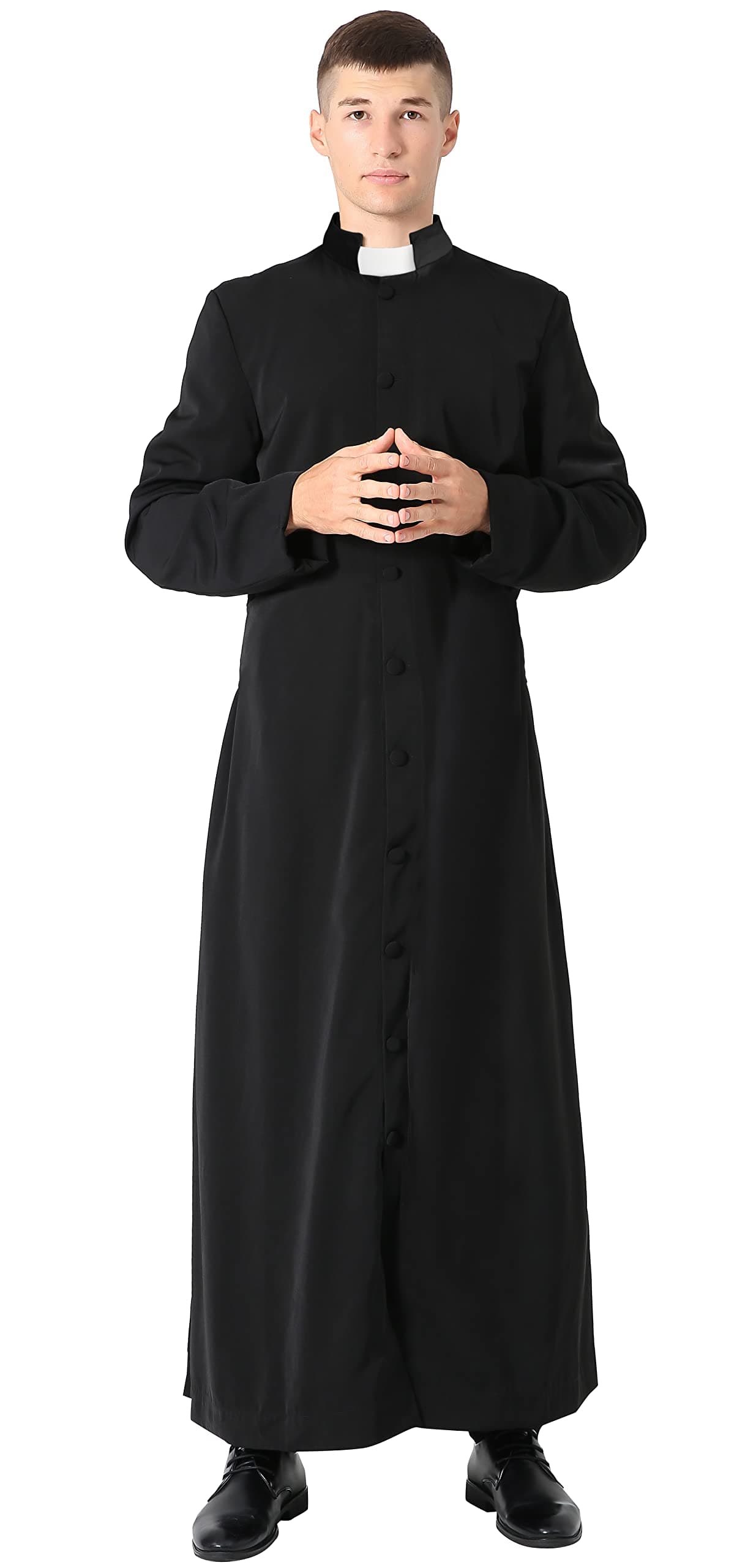 IvyRobes Unisex Adults Roman Pulpit(Clergy) Cassock with Tab Insert Collar Black 48(5'3"-5'5")