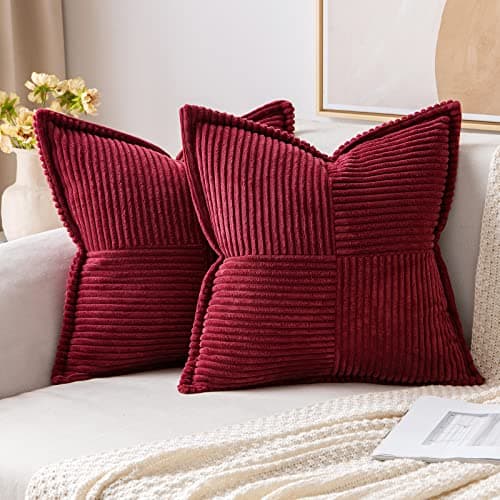 MIULEE Christmas Decorative Throw Pillow Covers for Couch Bed Livingroom 18x18 Inch Set of 2 Burgundy Boho Accent Throw Pllows Broadside Striped Patchwork Soft Corduroy Pillowcases