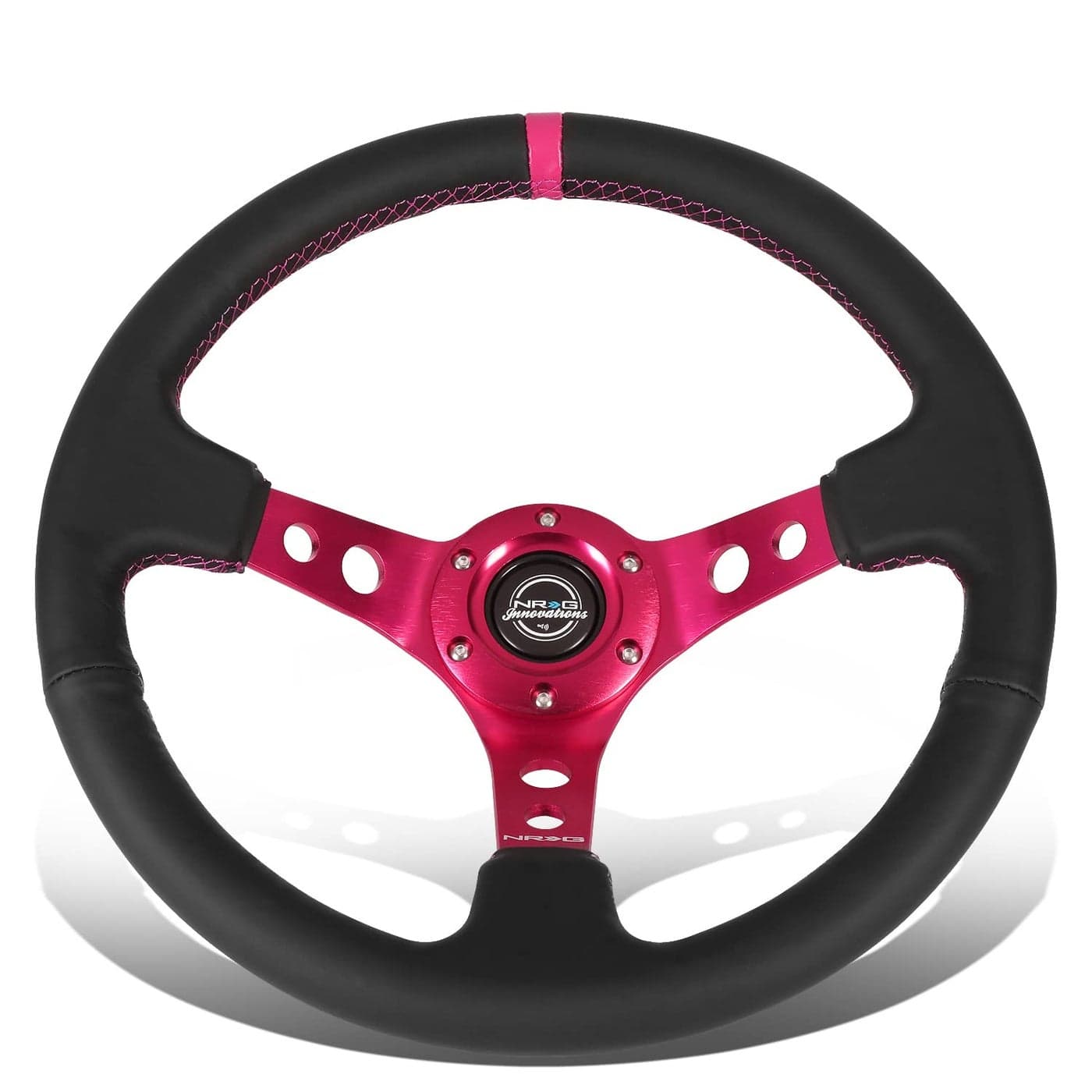 NRG Innovations NRGRST006FH Reinforced Steering Wheel 350mm Sport Steering Wheel 3 Deep Black Leather Fushia Center Mark with Fushia Stitching Fushia Center Spoke