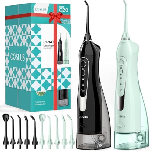 COSLUS 2 Pack Cordless Water Flosser with Elegant Packaging for Teeth, Braces, Gums Care - Easy to Use, Rechargeable, Waterproof, Portable for Travel, BPA-Free, Black & Green, C20(F5020E)
