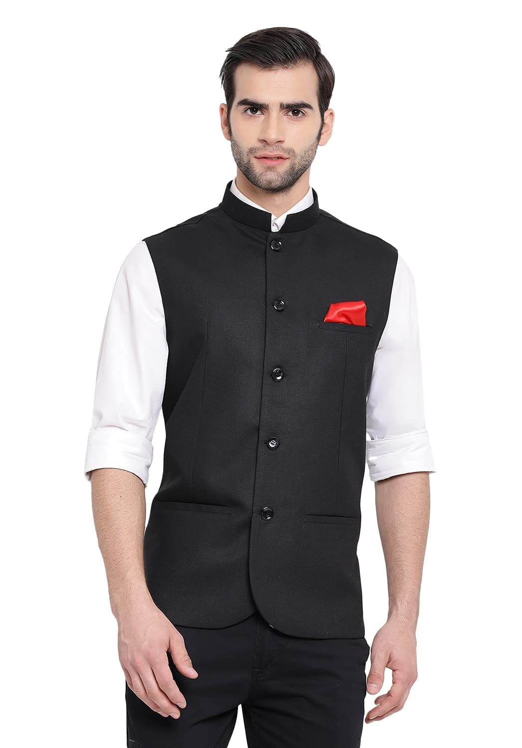 VASTRAMAY Men's Black Cotton Silk Nehru Jacket – Classic Wear with Mandarin Collar, Perfect For Ethnic & Festive Occasions, Weddings & Celebrations