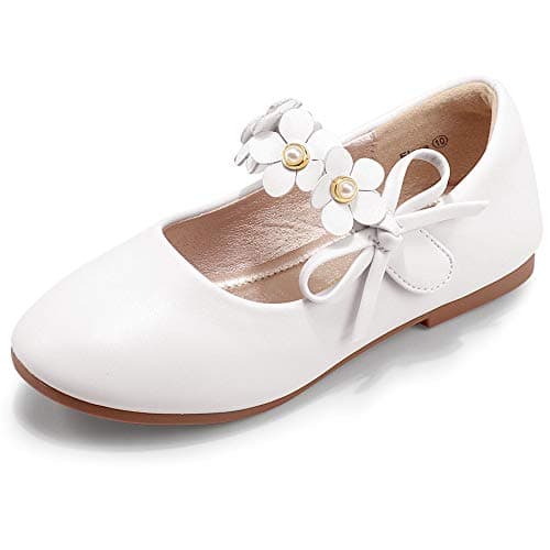 PANDANINJIA Toddler Girls Dress Shoes Flower Girl Flats Pearls Bow Mary Jane Wedding Party White Shoes Flora Size 11(Whiter Pu,11 M US Little Kid)