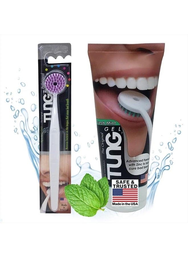 Tung Tongue Brush & Gel Kit | Tongue Cleaner for Adults | Tongue Scraper to Fight Bad Breath and Halitosis | Mouth Odor Eliminator | Fresh Mint | Made in America (Set of 1)