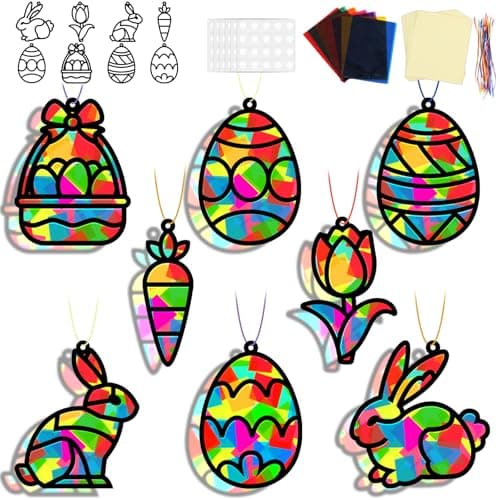 32 Sets Easter Suncatchers Craft Kit DIY Egg Basket Window Stained Glass Effect Paper Basket Style Home School Classroom Decorations Spring Art Craft Creative Games Activity Project Gift Favor