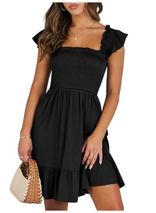 Women's Summer Casual Sleeveless Square Neck Dress 2025 Smocked Ruffle Backless Boho Beach Cute Teen Short Sundress