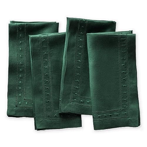 Linen Napkins Set of 4100 Pure Linen Forest Green Embroidered Dinner Napkins 18 x 18 inch Classic Hemstitch Cloth Napkins Washable for Christmas and Winter Holiday Decor