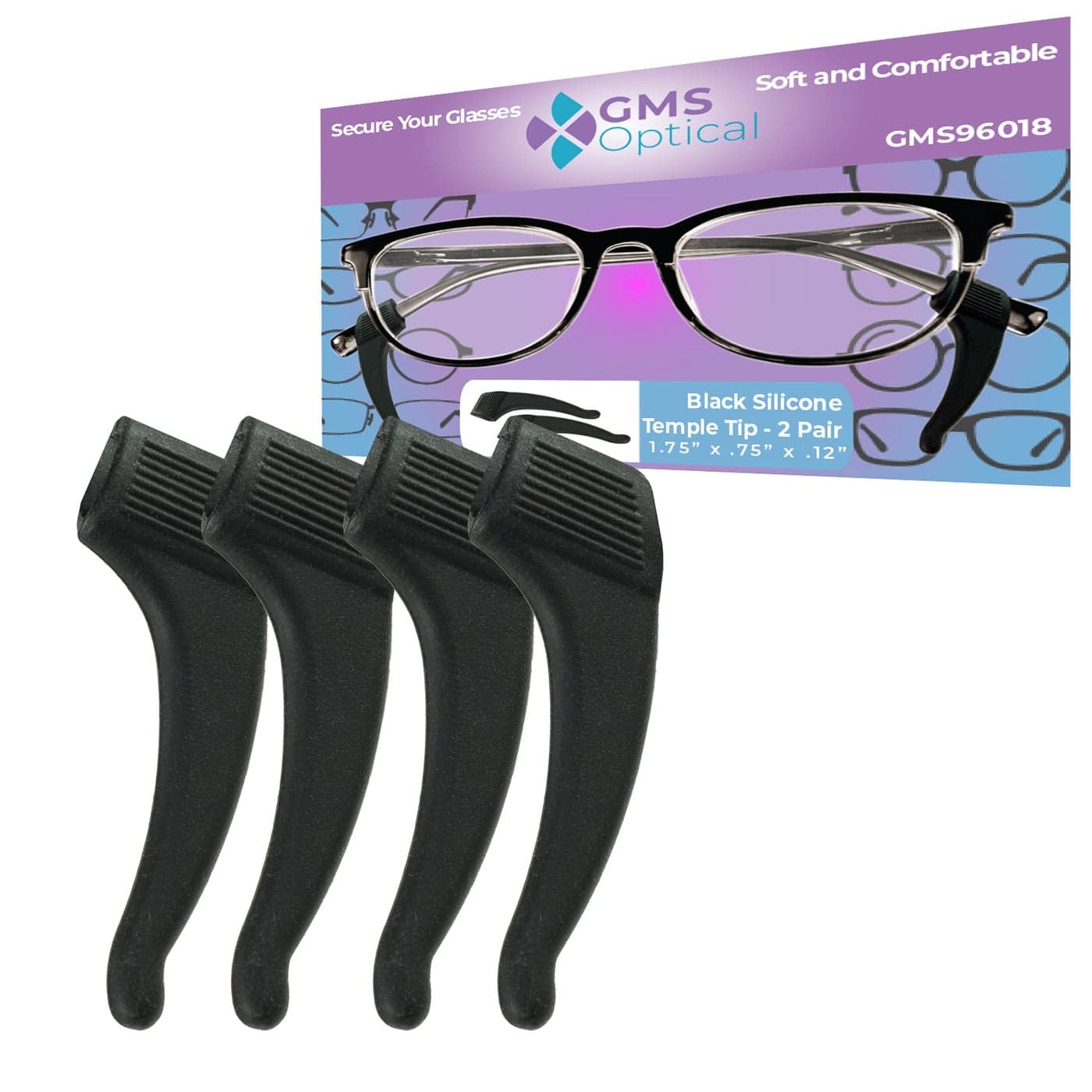 GMS Optical Premium Grade Comfortable Silicone Antislip Holder for Glasses Sunglasses and Eye Wear Ear Hook Eyeglass Temple Tip 2 pair Black