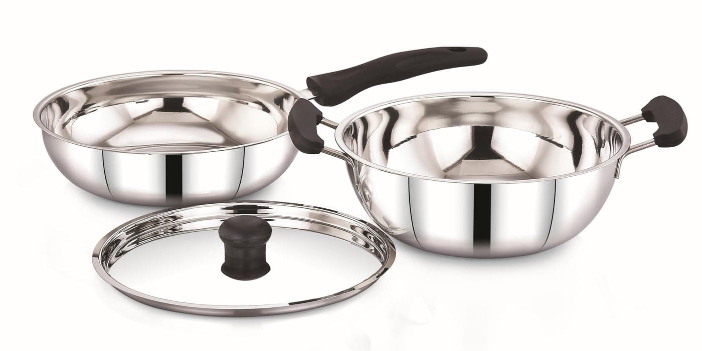 Sowbaghya Elite 3Pcs Stainless Steel Set | Induction Base | Cookware set | SS deep kadai and Fry pan with Lid