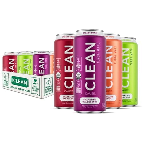 CLEAN Cause Low Calorie Variety Pack Yerba Mate Tea Sparkling USDA Organic Energy Drink Alternative Low Sugar 160mg Natural Caffeine Soda Alternative PlantBased 16oz cans 12Pack Case 4 Flavors