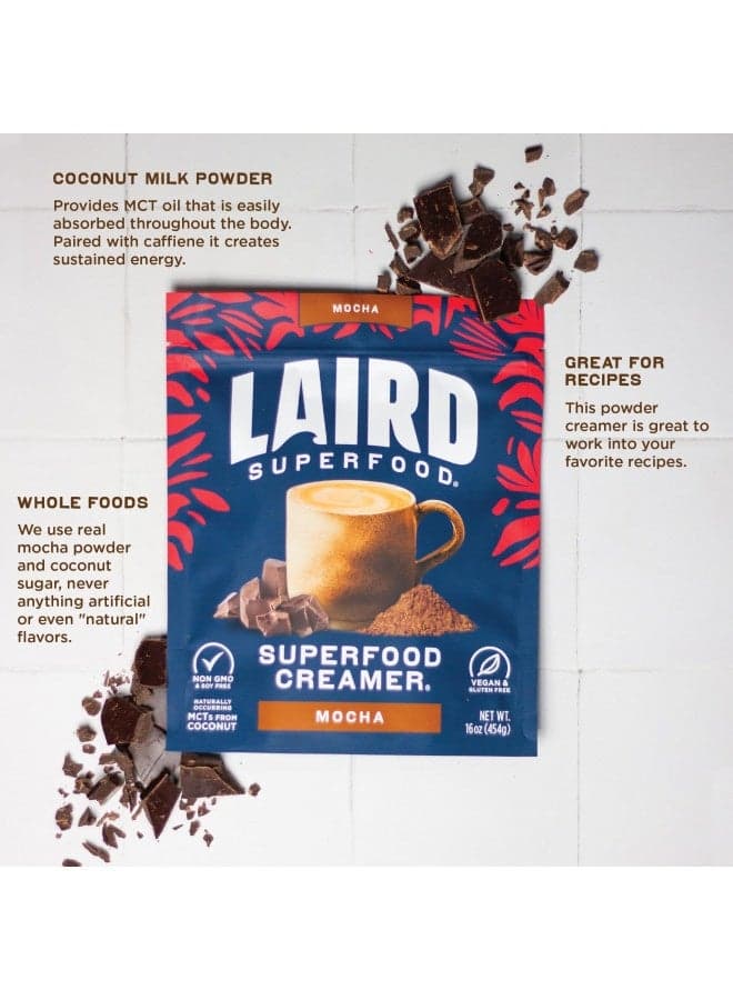 Laird Superfood Non-Dairy Coffee Creamer Mocha, Shelf-Stable Superfood Non-Dairy Powder Creamer, Gluten Free, Non-Gmo, Vegan, 16 Oz. Bag, Pack Of 1